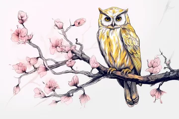 Foto op Plexiglas owl perched on a tree in sketch, in yellow and pink style, simple design 3d rendering AI generative  © Salawati