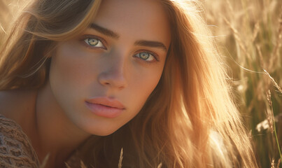 Portrait of a young woman sitting in a field, sunset - Generative AI