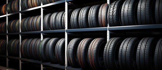 Obraz premium New car tyres in store or warehouse with prices With copyspace for text