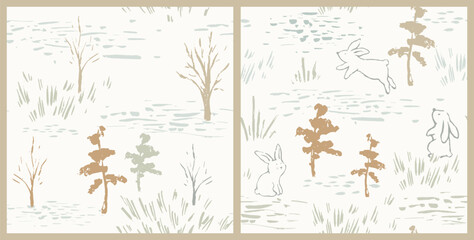 Hares forest seamless pattern. Hand drawn bunny meadow landscape. Woodland vector
