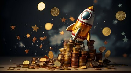 rocket blusting off with raining gold coins