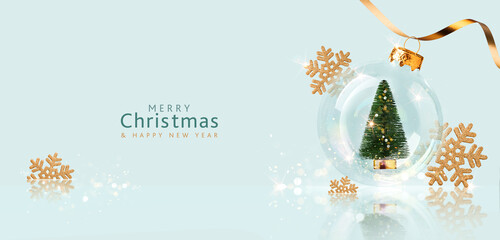 Christmas banner in pastel blue with transparent ball and gold decoration. Xmas design of Christmas...
