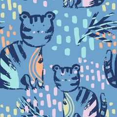 Summer tiger tropical seamless pattern. Hand drawn african safari. Beach vacation background design