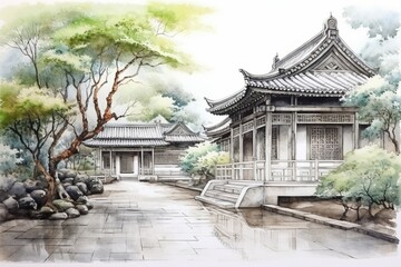 Obraz premium 寺院と自然風景,Generative AI AI画像