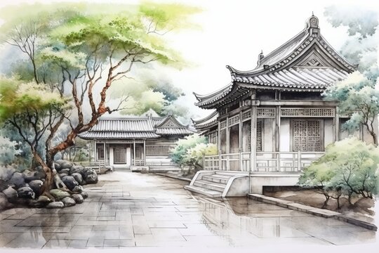 寺院と自然風景,Generative AI AI画像