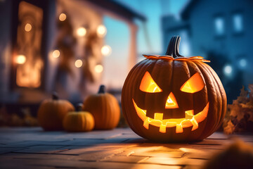 Close up of halloween pumpkin lantern decorations sits on the front porch steps of a house