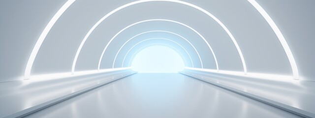 White background 3D room light abstract space technology tunnel stage floor. Empty white future 3D neon background  studio futuristic corridor render modern interior silver road black wall design gray - obrazy, fototapety, plakaty