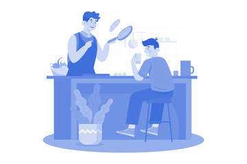 The father is cooking with his son