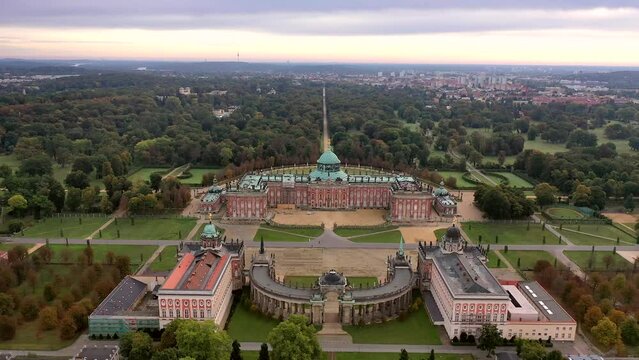 Drone shot, drone flight over the University of Potsdam and the New Palace and Palace Theatre at sunrise, Brandenburg, Germany, Europe