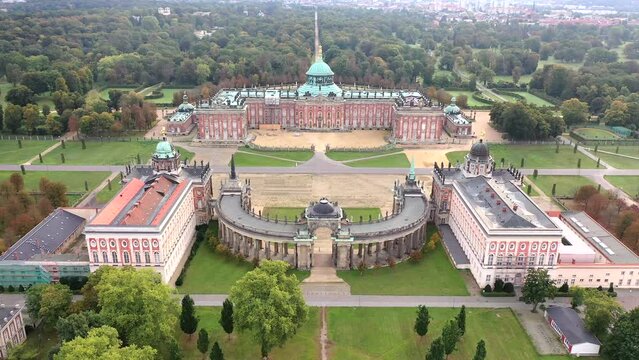 Drone shot, drone flight close-up of the University of Potsdam and the New Palace and the Palace Theatre at sunrise, Brandenburg, Germany, Europe