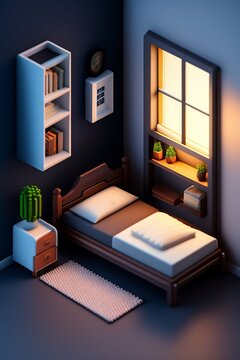 Detailed Isometric Bedroom, Pixel Art, Unreal Engine Voxel Render