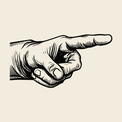 Hand pointing finger at viewer, woodcut print style vector illustration