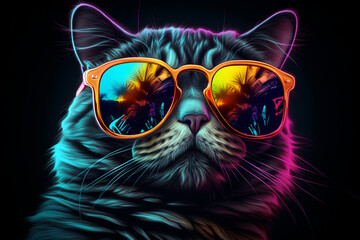 cute cat wearing glasses combination of neon lights on black background 3d rendering AI generative 