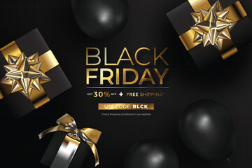 realistic black friday banner with presents balloons design vector illustration