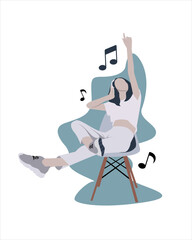woman is sitting on a chair listening to music