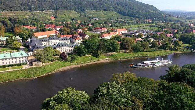 Drone shot, drone flight, wide angle shot from Pillnitz Palace over the Elbe River with view downstream and onto a steamer, ship, Dresden, Saxony, Germany, Europe