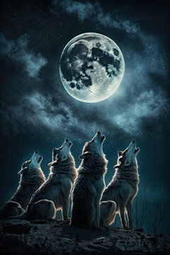 A Gleeful Pack of Wolves Howling at the Full Moon Amidst a Starry Night