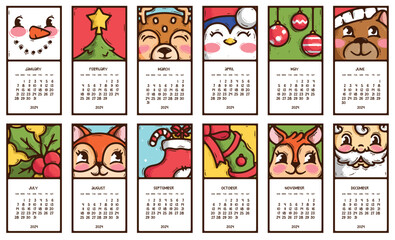 Classic monthly calendar for 2024 with handdrawn doodle square illustration. Christmas icons. Muzzle of cute animal. Face and belly of Santa Claus. New Year gift for children. Printable. Festive mood