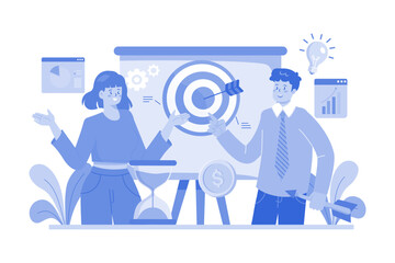 Male and female employee working on goal