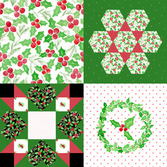 Fototapeta premium Watercolor Vintage Christmas Quilt Square Seamless Repeat Pattern Design with Cardinal and Holly