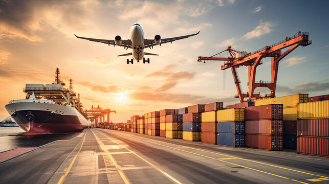 Container Cargo freight ship with working crane bridge in import export and logistics business and transportation concept