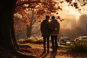 Back view full length of young adult gay couple relaxing in a city park - Powered by Adobe