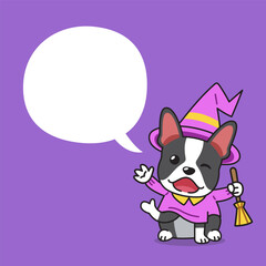 Cartoon boston terrier dog with halloween costume and speech bubble for design.