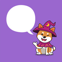 Cartoon shiba inu dog with halloween costume and speech bubble for design.