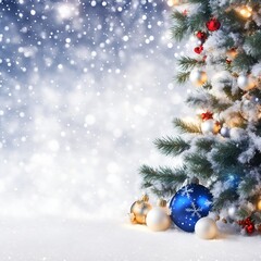 Fototapeta na wymiar Christmas tree and decorations with snowfalls. A Generative AI Digital Illustration. 