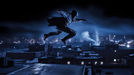 Ninja jumping on rooftops at night - obrazy, fototapety, plakaty