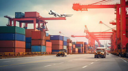 Container Cargo freight ship with working crane bridge in import export and logistics business and transportation concept