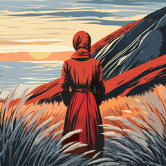A woman wearing hijab and red trench coat looking over sea view with sunset from slope full of silver grass plants during autumn evening.