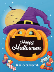 Vintage Halloween poster design with vector jack o lantern character. 