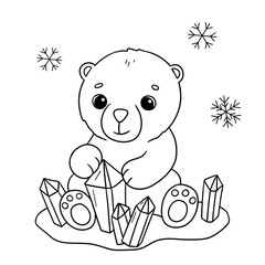 Cute sitting baby bear playing with ice crystals. Cartoon hand drawn vector outline illustration for coloring book. Line animal isolated on white