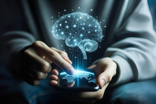 Using a smartphone, a holographic display emerges, showing a web resembling neural networks and global links, hinting at human and AI fusion