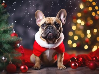 Funny French Bulldog in Santa Hat - Christmas Tree Decorations and Holiday Cheer,ai generated