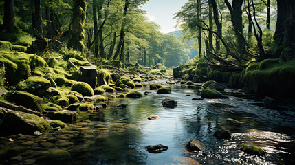 A brook that flows through a forest, and on its banks a lot of greenery