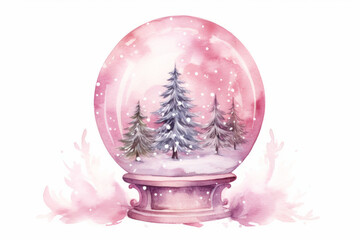 Fototapeta na wymiar Watercolor pink magic Christmas glass snow globe on a wooden stand with Christmas trees inside, white background 
