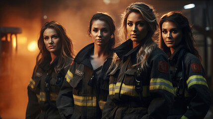 Fototapeta premium Female portrait. Group of young beautiful women firefighters in special uniforms against background of fire. Blonde, brunette, red-haired woman on fire. White adult people. Team work. Generative AI
