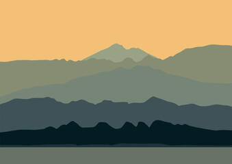 Beautiful lake with mountains at sunset. Vector illustration in flat style.