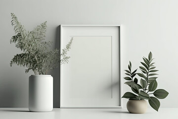 Empty Frame Mockup in Modern Minimalist Setting with Trendy Vase