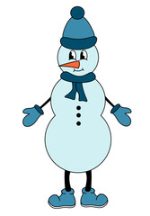 Retro 70s 60s 80s Hippie Groovy Christmas Winter Snowman Character. Vector flat illustration.