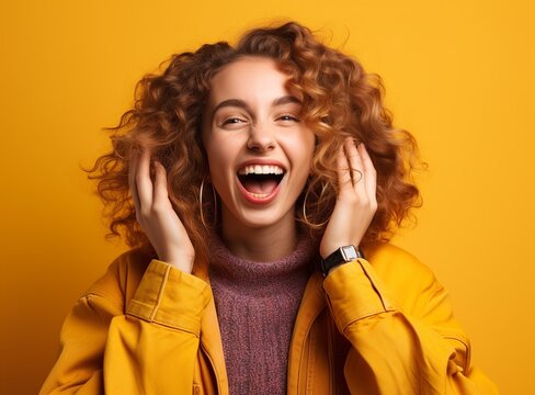 Excited woman looking at camera