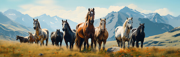 many wild horses grazing on the meadow in the mountain valley, beautiful mountain landscape with horses against the blue sky - obrazy, fototapety, plakaty