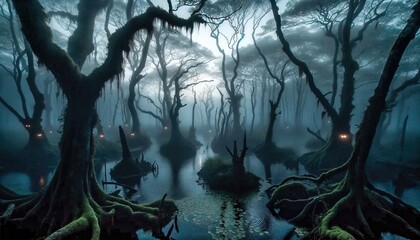 Eerie Halloween-inspired swamp forest, with twisted trees, glowing eyes, and misty waters. An atmospheric backdrop for haunting projects. Generative AI.