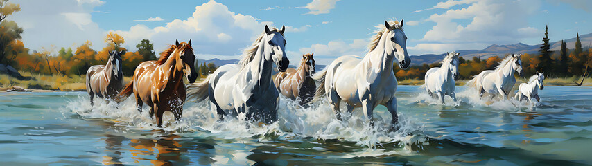 Eight horses running through the river.