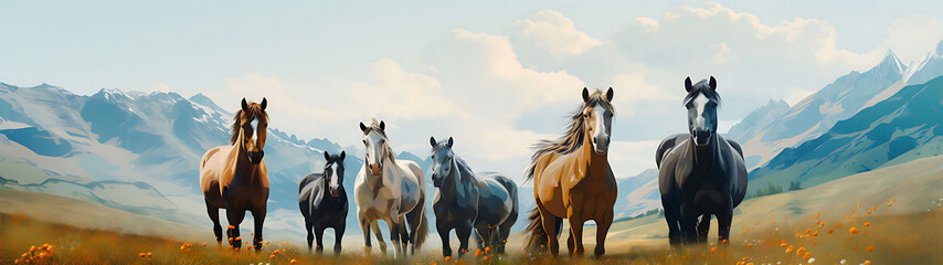 five horses,  wild horses gallops across a vast plain, horses are of various colors and breeds, and they are all moving in perfect unison.