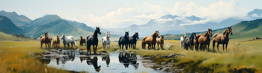 A group of wild horses, The horses are of various colors and breeds, and they are all looking in the same direction.