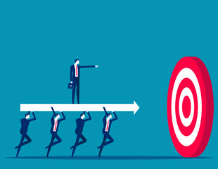 Business team carry huge arrow with leader standing on it running to huge target. Business goals achievement vector concept