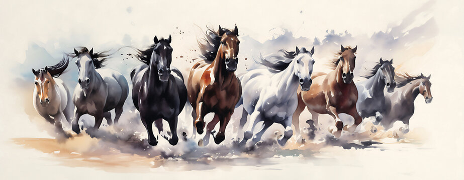 Eight horses. ,Eight horses in motion, beautifully hand-painted in the traditional Chinese brush style using black ink on a pristine white canvas.